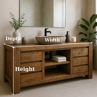 Handcrafted Solid Wood Bathroom Vanity - Wide Rustic Storage Cabinet with Drawers & Shelf