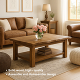 Handcrafted Solid Wood Coffee Table with Natural Live Edge – Rustic Farmhouse Center Table with Bottom Shelf for Cozy Living Rooms