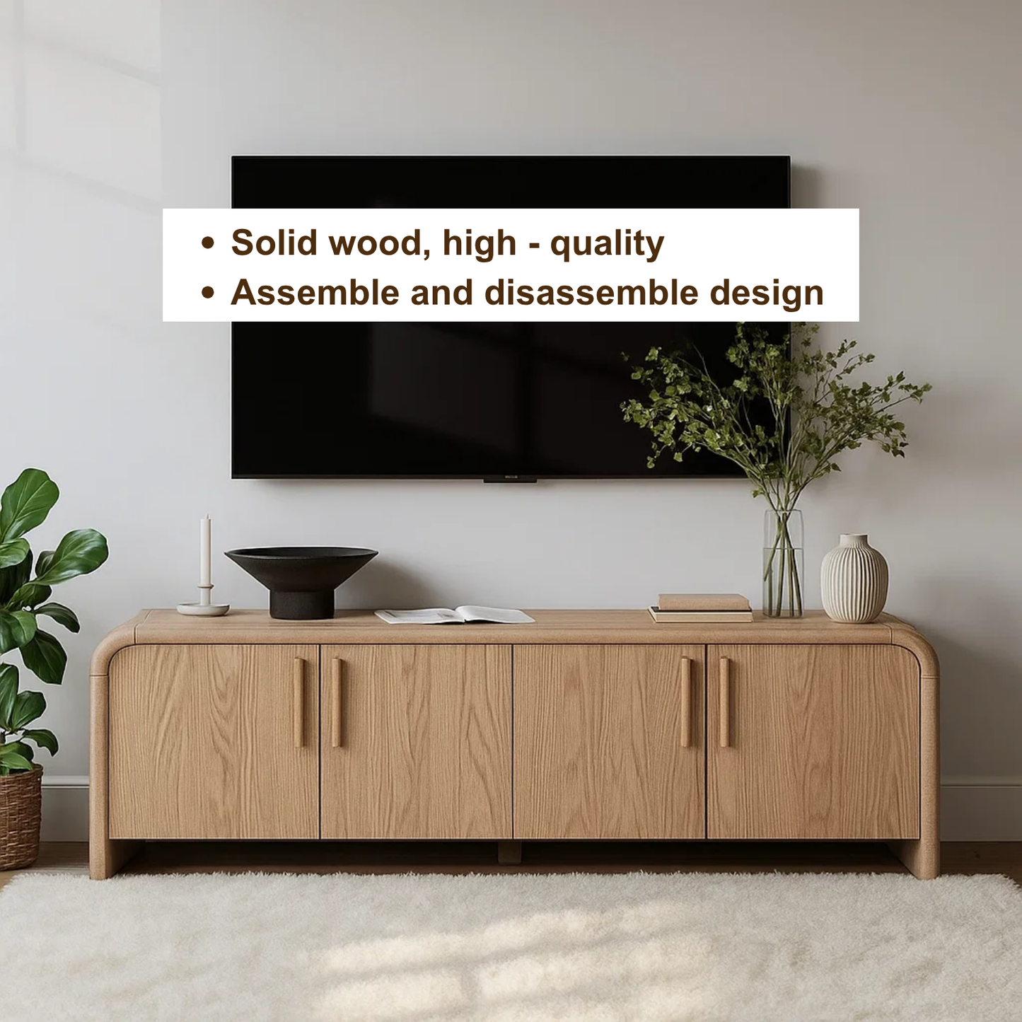 Handcrafted Solid Wood TV Stand – Modern Minimalist Media Console with Rounded Corners Design