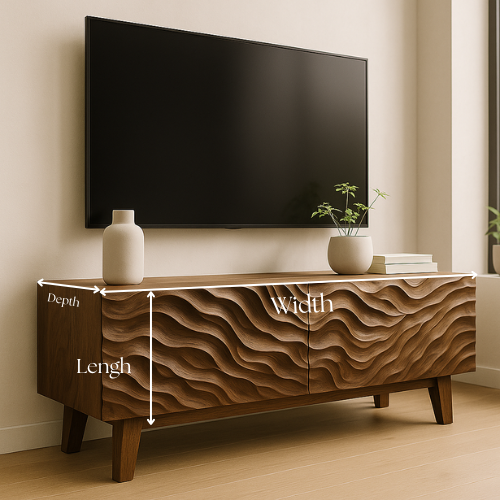 Handcrafted Solid Walnut TV Stand with 3D Wave Texture – Modern Sculpted Wood Media Console