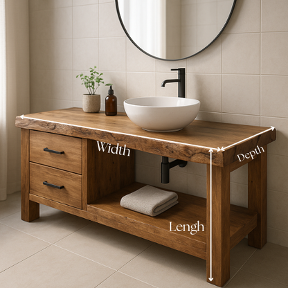 Handcrafted Solid Wood Bathroom Vanity – Live Edge Countertop with Drawers & Open Shelf – Rustic Modern Design for Natural Spa Interiors