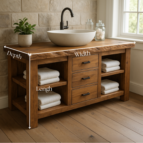 Handcrafted Solid Wood Bathroom Vanity – Live Edge Top with 3 Drawers & Open Shelving