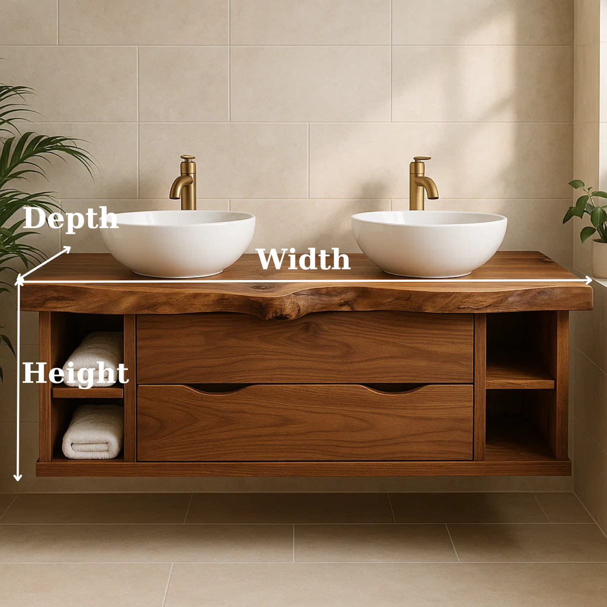 Handcrafted Solid Wood Live-Edge Double Vanity - Rustic Floating Console with Storage