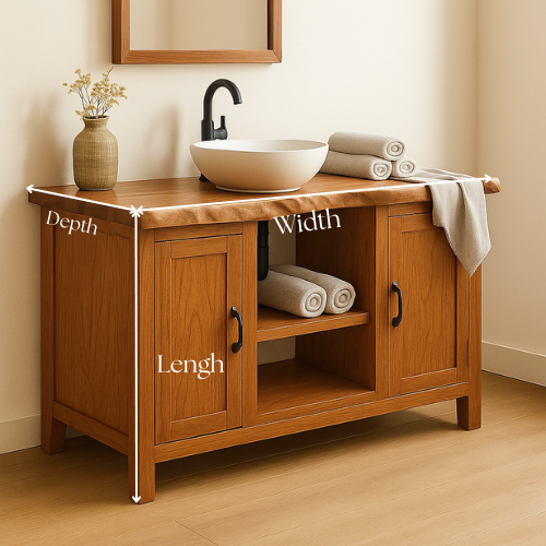 Handcrafted Solid Wood Bathroom Vanity – Live Edge Top with Dual Cabinets and Open Shelf