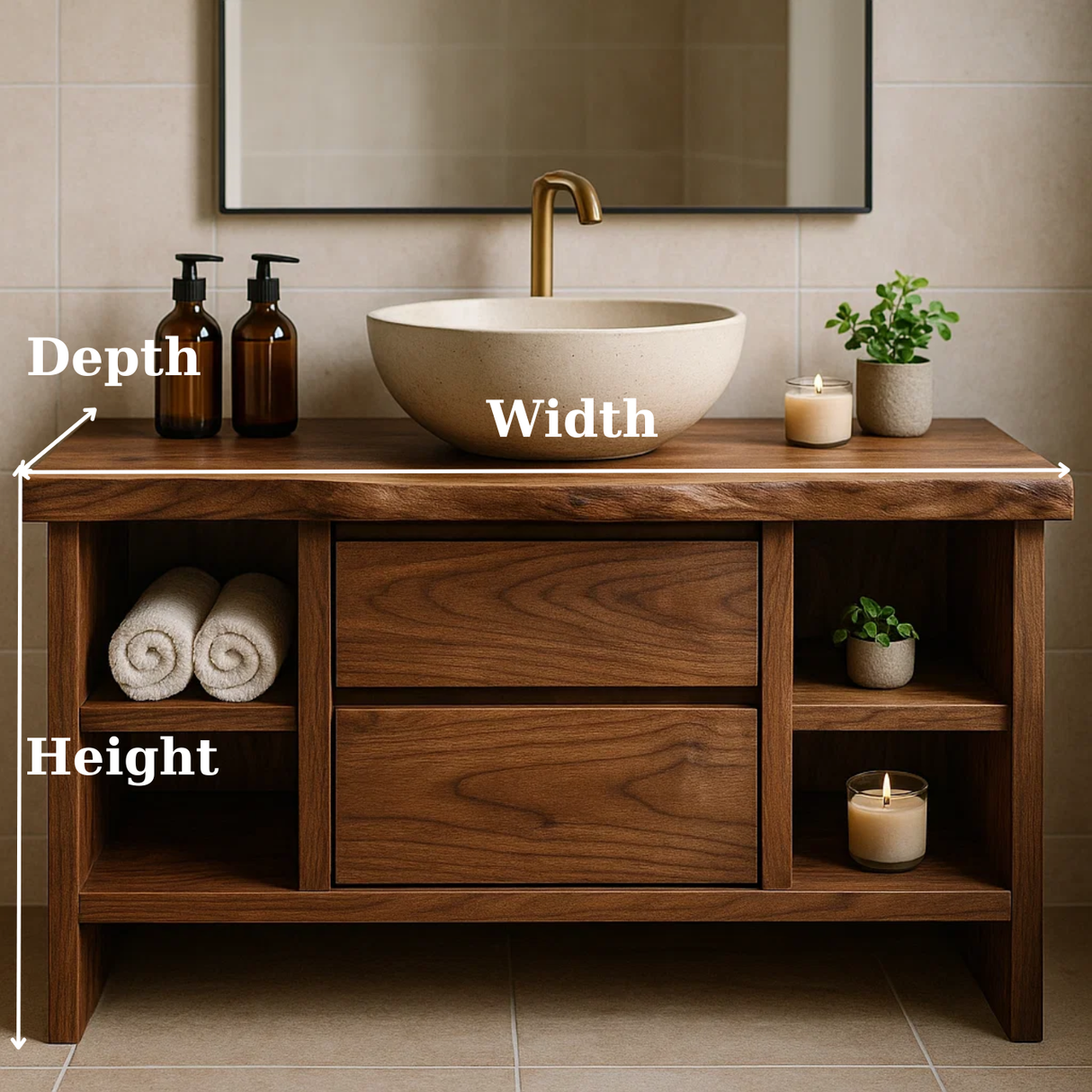Handcrafted Solid Wood Single Vanity - Rustic Walnut Live Edge Bathroom Console