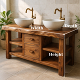 Handcrafted Solid Wood Floating Double Vanity - Live Edge Top, 2 Drawers & Open Shelves