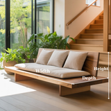 Handcrafted Solid Wood Sofa – Low Japanese Style Couch with Minimalist Design and Linen Cushions