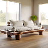 Handcrafted Solid Walnut Sofa – Low Organic Wood Couch with Linen Cushions and Rounded Legs