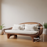 Handcrafted Solid Wood Sofa – Modern Organic Wood Couch with Smooth Curves and Linen Cushions