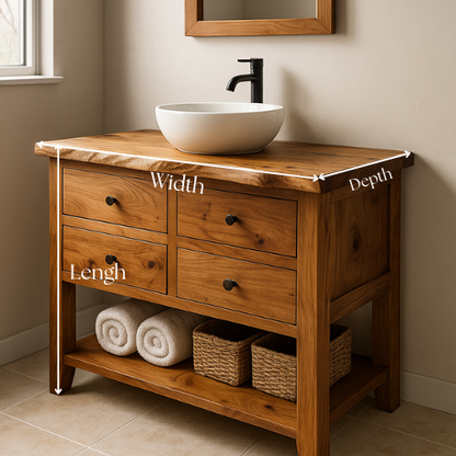 Rustic Handcrafted Solid Wood Bathroom Vanity – Live Edge with Four Drawers & Open Shelf
