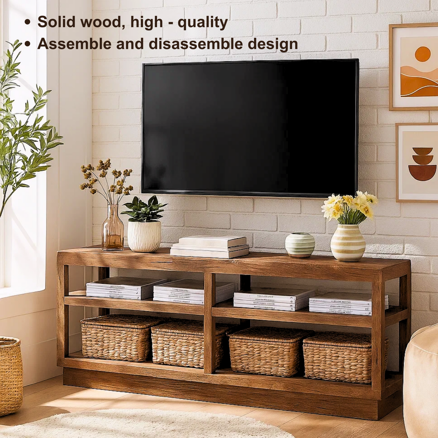 Handcrafted Solid Wood TV Stand – Minimalist Open Shelf Media Console for Modern Living Room