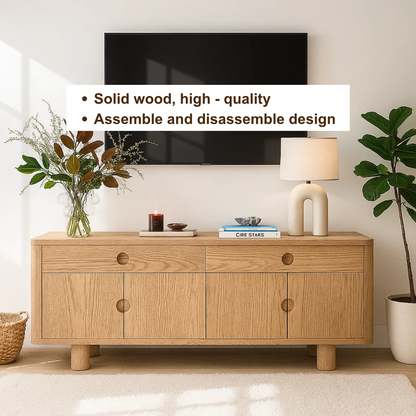Handcrafted Solid Wood TV Stand – Japandi Style Media Console with Round Handle Design