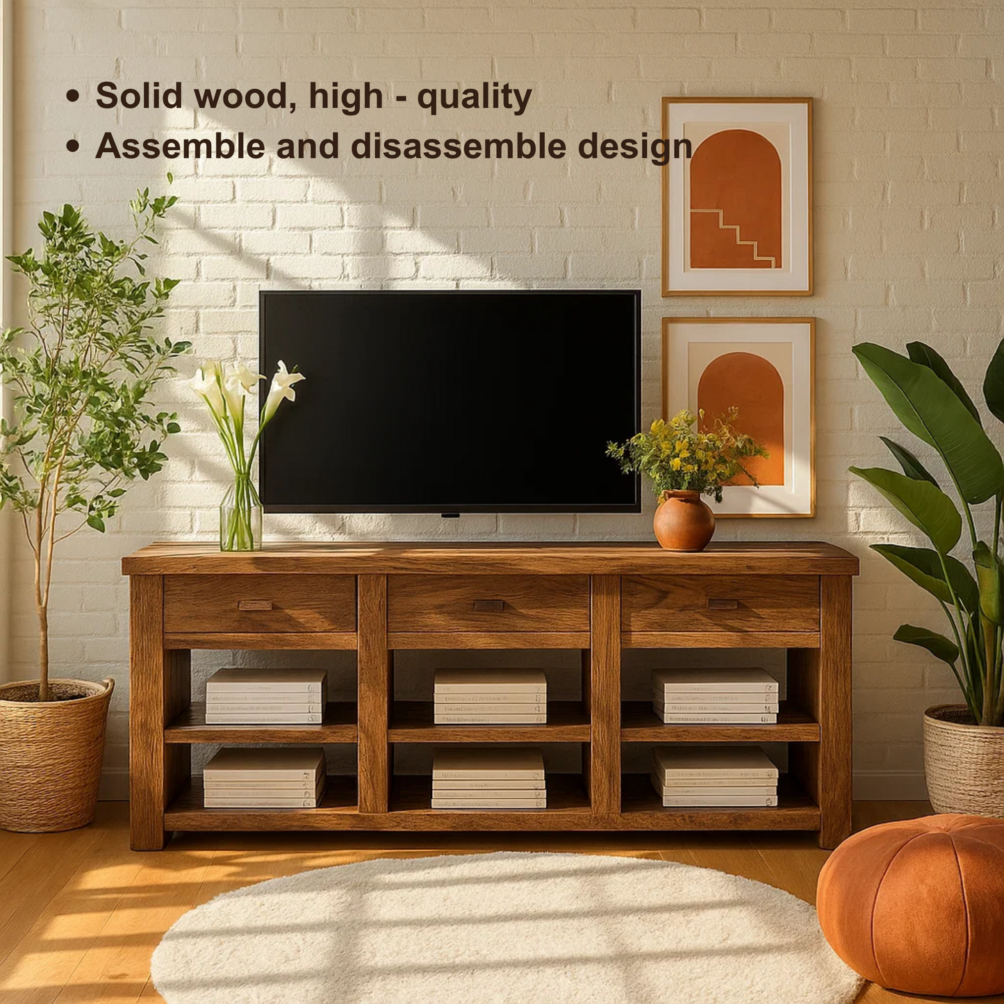 Handcrafted Solid Wood TV Stand with Drawers – Rustic Media Console for Modern Living Room