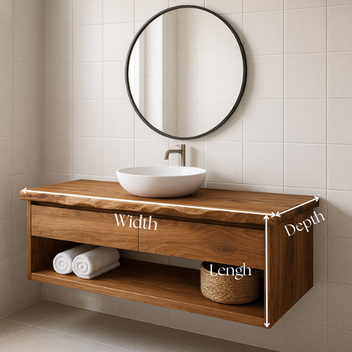 Handcrafted Floating Solid Wood Bathroom Vanity – Live Edge Countertop with Drawer and Open Shelf – Modern Organic Wall-Mount Design
