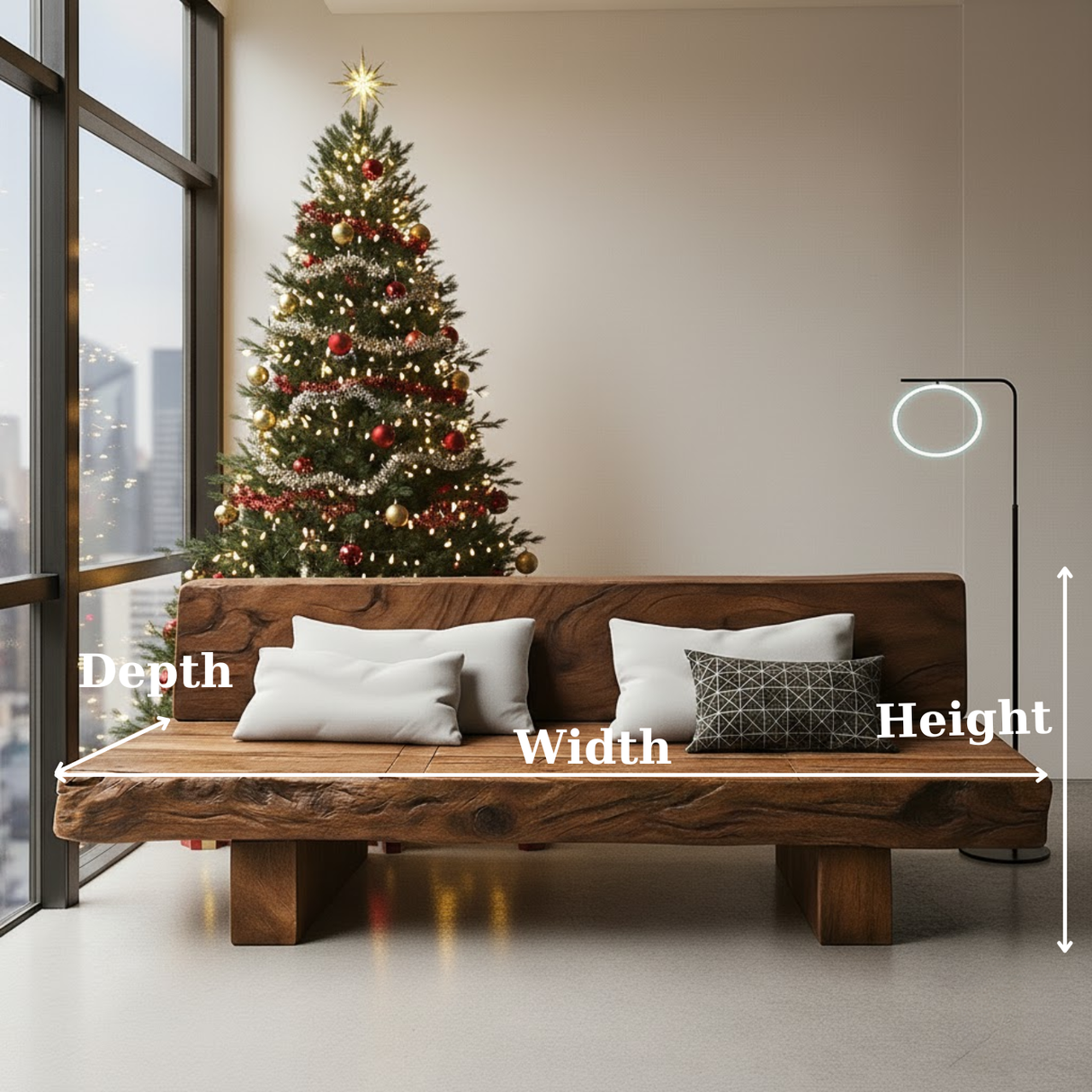 Handcrafted Solid Walnut Sofa – Rustic Live Edge Wood Couch with Minimalist Design for Holiday Decor