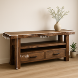 Handcrafted Solid Wood Live Edge Console Table – Rustic Walnut Design with Drawers and Open Shelf