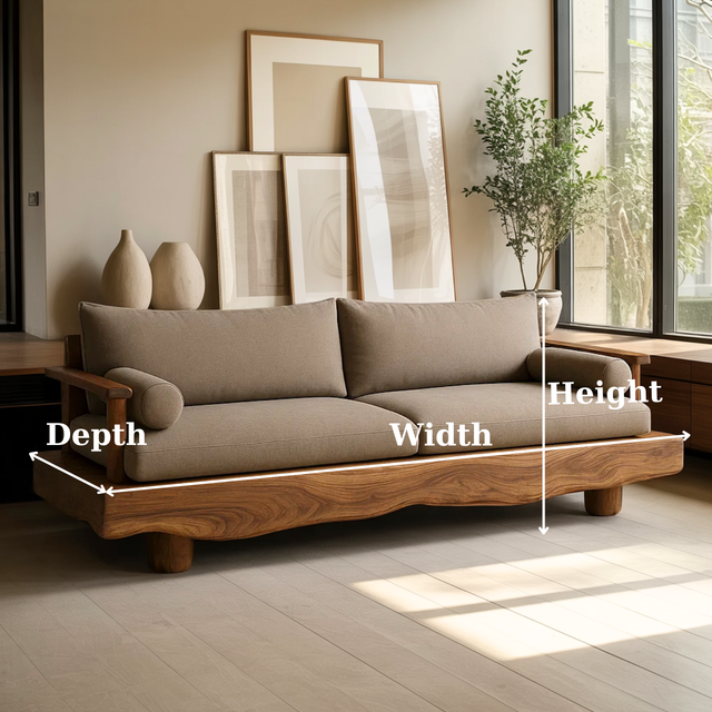 Handcrafted Solid Wood Sofa – Rustic Live Edge Wood Couch with Modern Minimalist Cushion Design