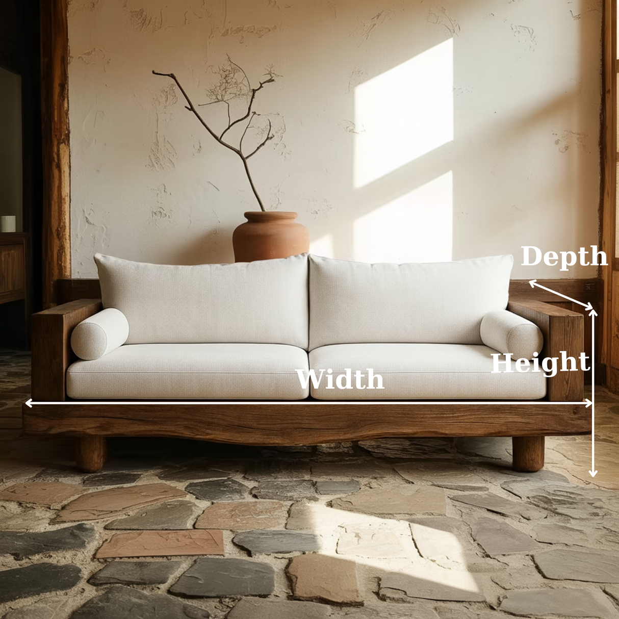 Handcrafted Solid Wood Sofa – Rustic Live Edge Wood Couch with Minimalist Linen Cushions