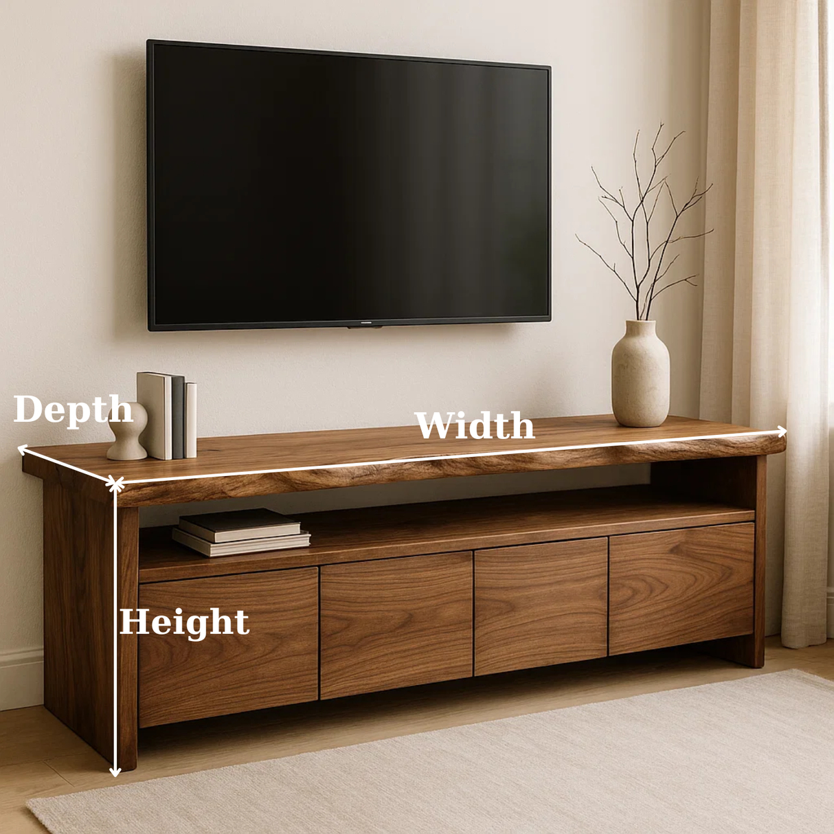 Handcrafted Solid Wood TV Stand with Live Edge Top and Hidden Storage Drawers