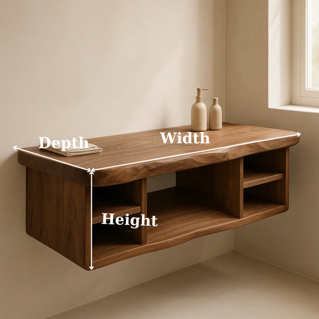 Handcrafted Solid Wood Floating Vanity - All Open Live Edge Console with Display Shelves