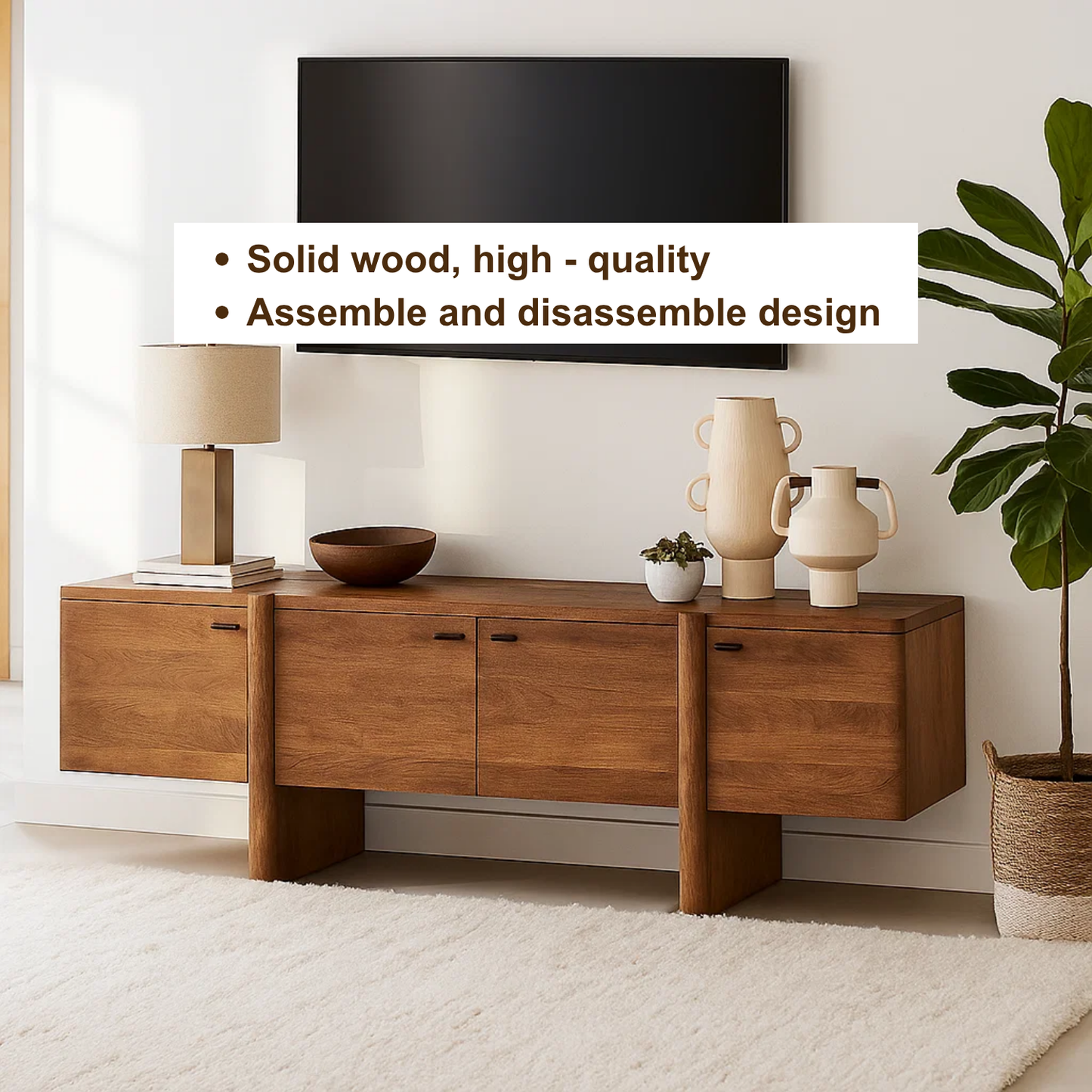 Handcrafted Solid Wood TV Stand – Modern Floating Media Console with Sculptural Base Design