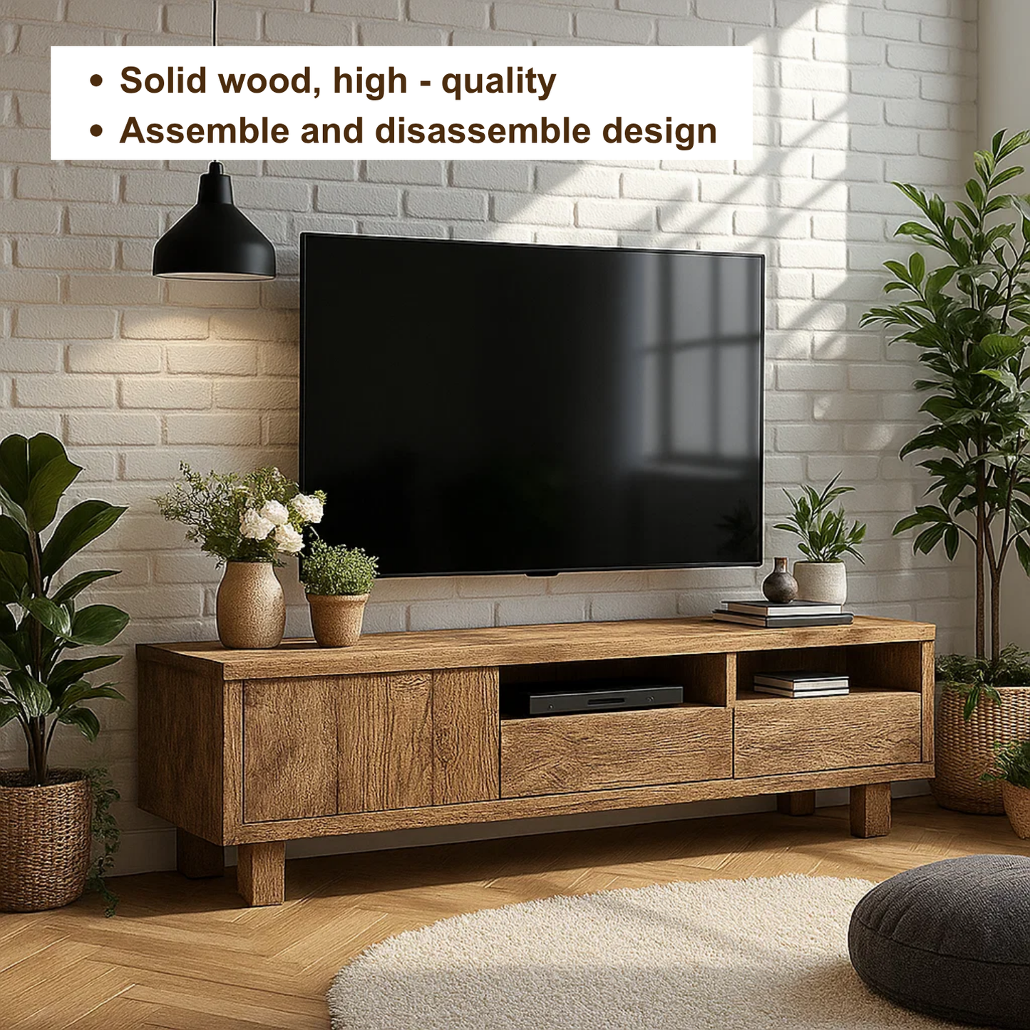 Handcrafted Solid Wood TV Stand – Modern Rustic Media Console with Drawers and Open Shelves