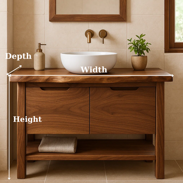 Handcrafted Solid Wood Bathroom Vanity with Live Edge Walnut Top and Open Shelf