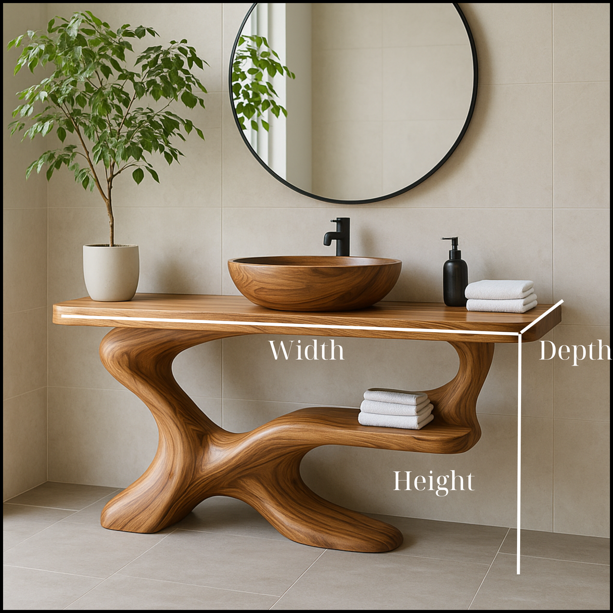 Organic Solid Wood Bathroom Vanity with Vessel Sink – Handcrafted Sculptural Design