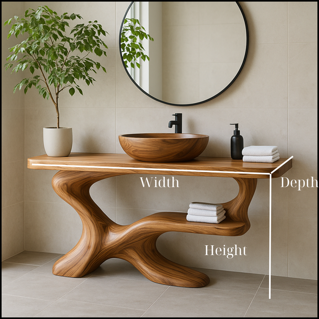 Organic Solid Wood Bathroom Vanity with Vessel Sink – Handcrafted Sculptural Design