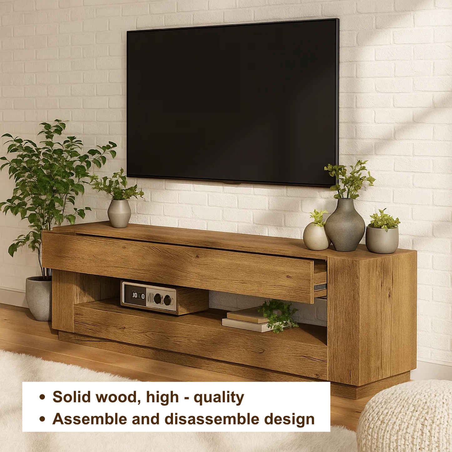 Handcrafted Solid Wood TV Stand – Modern Minimalist Media Console with Hidden Storage Shelf
