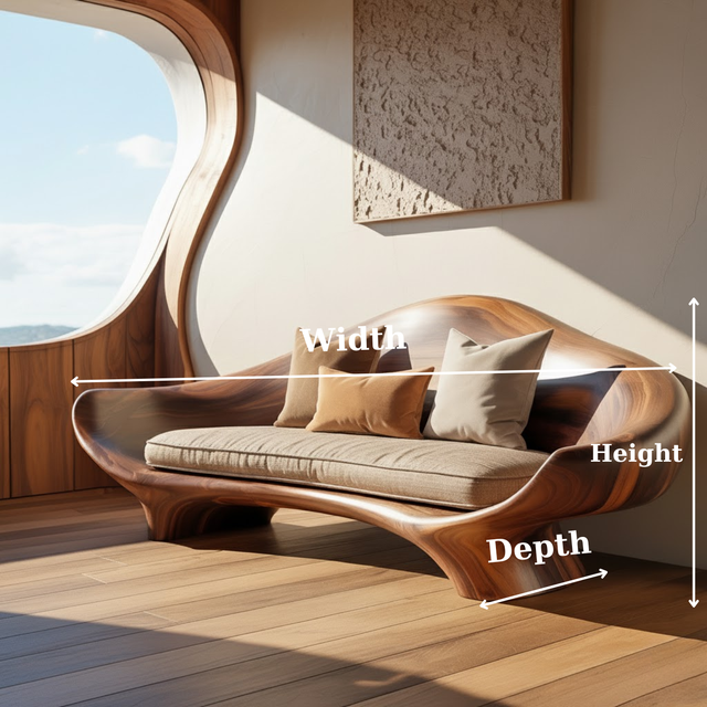 Handcrafted Solid Wood Sofa – Sculptural Organic Wood Couch with Smooth Curves and Linen Cushion