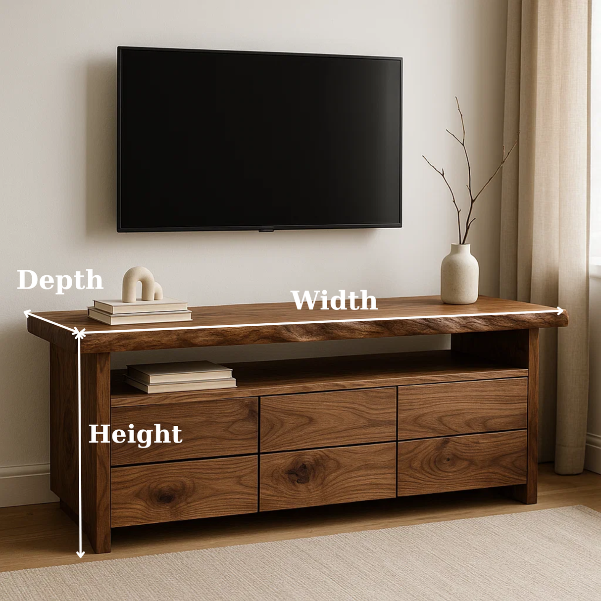 Handcrafted Solid Wood TV Stand with Live Edge Walnut Top and Modern Storage