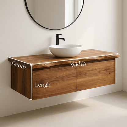 Handcrafted Floating Solid Wood Bathroom Vanity – Live Edge Countertop with Hidden Drawers – Modern Rustic Wall-Mount Design
