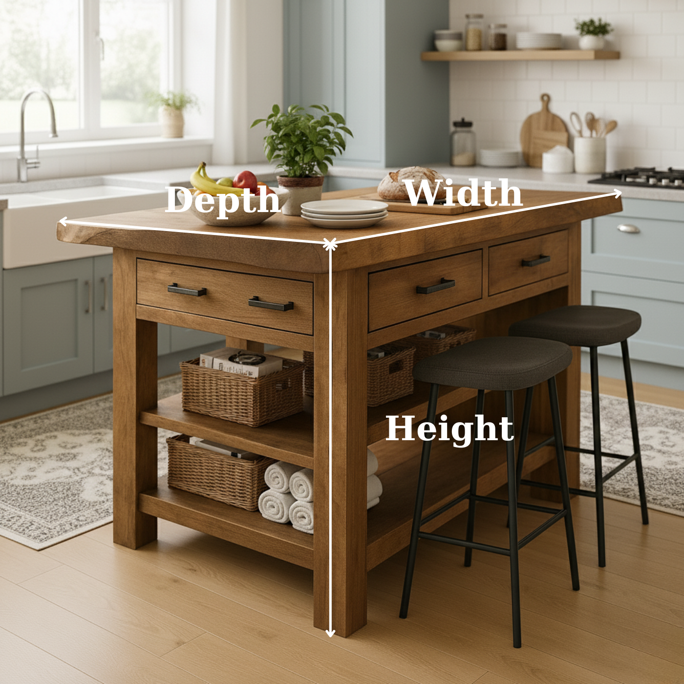 Handcrafted Solid Wood Kitchen Island - Rustic Top, Drawers & Open Shelving