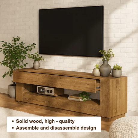 Handcrafted Solid Wood TV Stand – Modern Minimalist Media Console with Hidden Storage Shelf