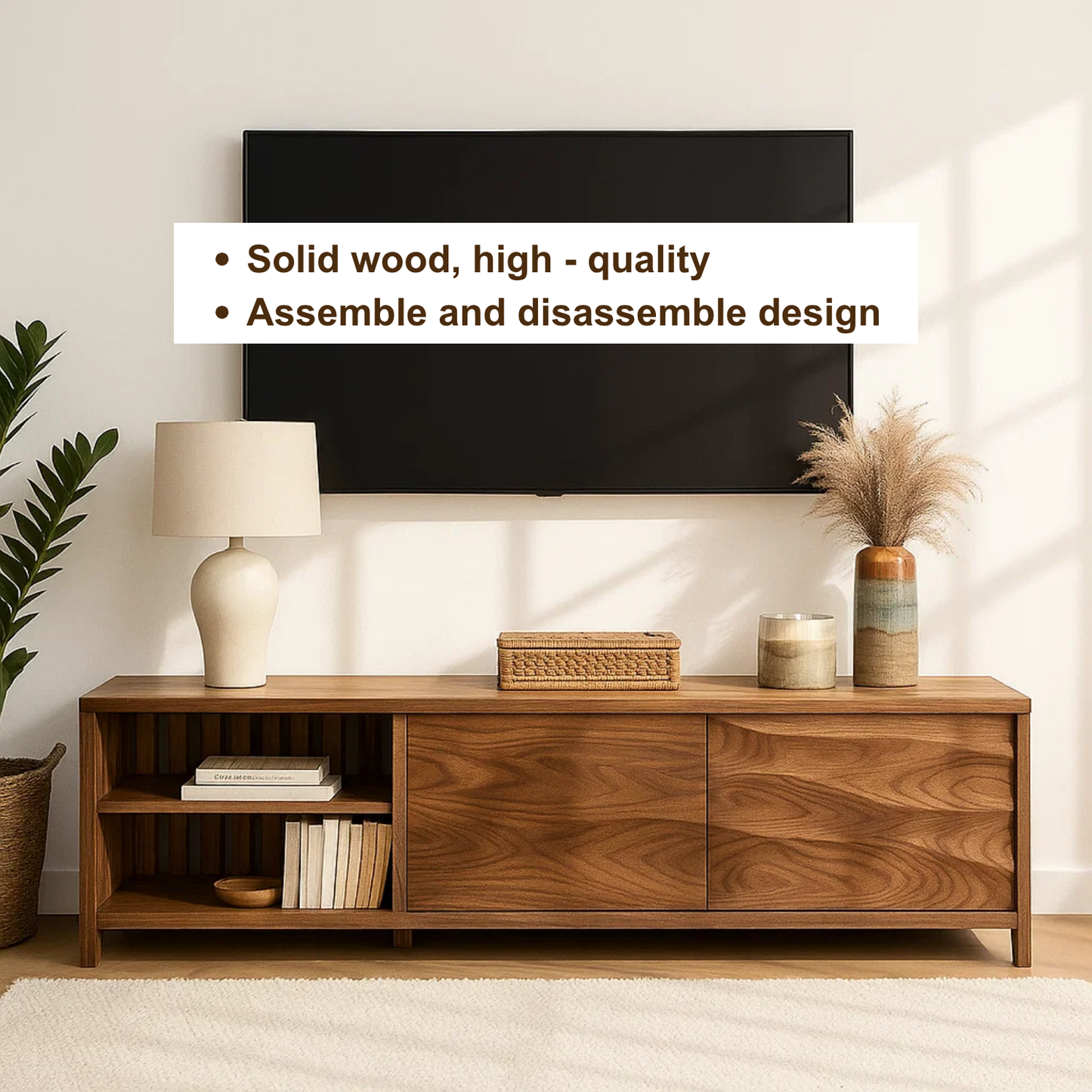 Handcrafted Solid Wood TV Stand – Modern Slatted Media Console with Sliding Doors Design