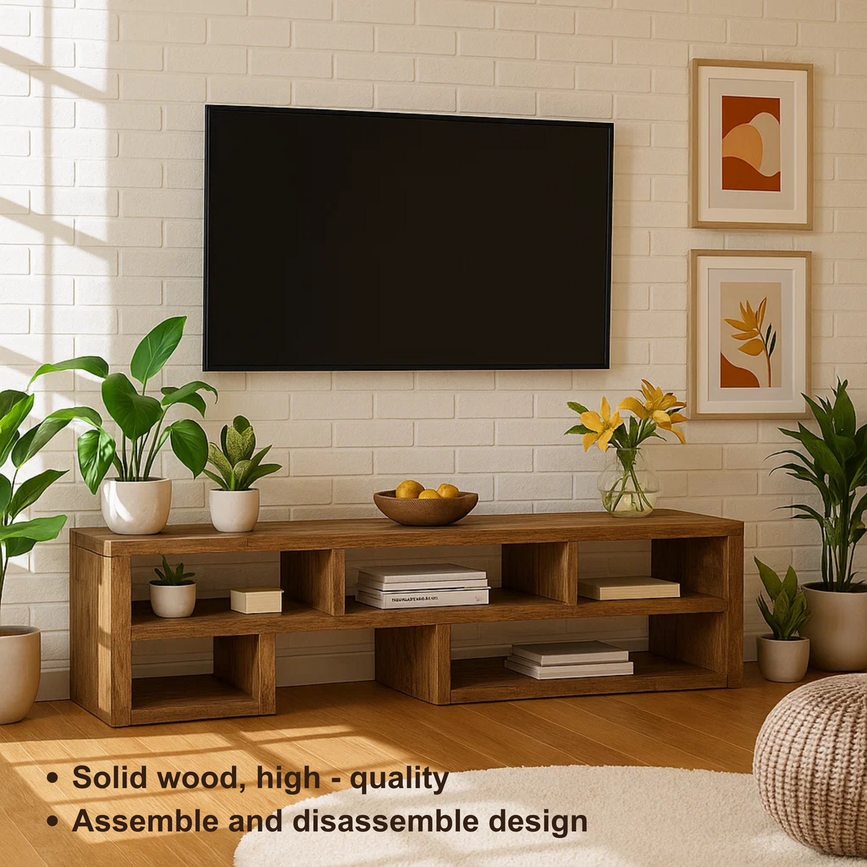 Handcrafted Solid Wood TV Stand – Minimalist Open Shelf Media Console for Modern Interiors