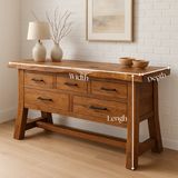Handcrafted Solid Wood Rustic Console Table with Live Edge Top and Five Drawers
