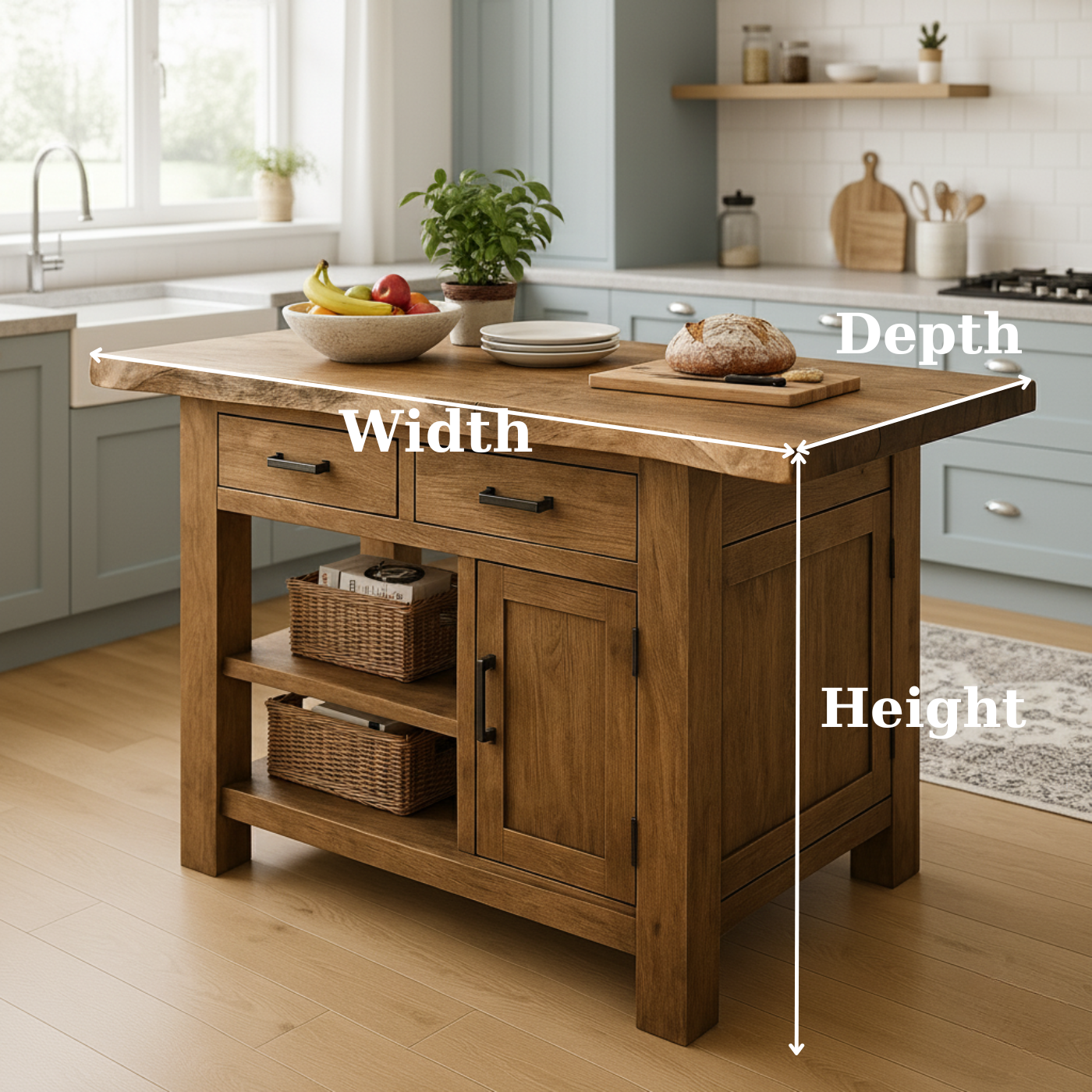 Handcrafted Solid Wood Kitchen Island - Live-Edge Top, Drawers & Cabinet