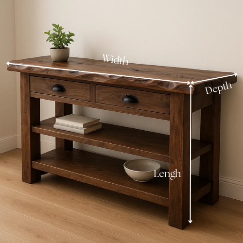Handcrafted Solid Wood Live Edge Console Table – Walnut Finish with Drawers and Open Shelves