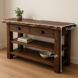 Handcrafted Solid Wood Live Edge Console Table – Walnut Finish with Drawers and Open Shelves