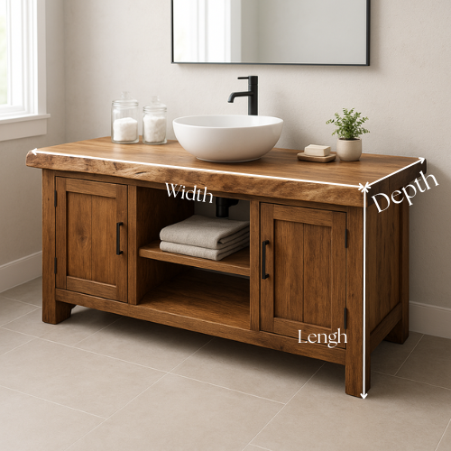 Handcrafted Solid Wood Bathroom Vanity – Live Edge Top with Dual Cabinets & Center Open Shelf