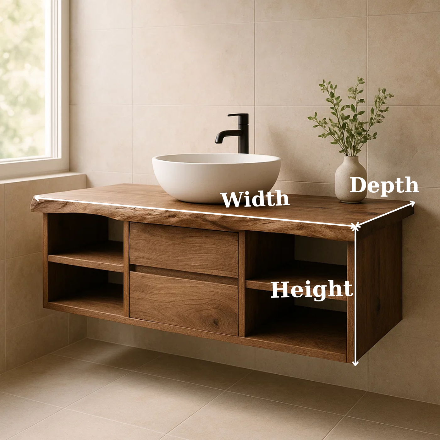 Handcrafted Solid Wood Floating Vanity - Live Edge Console with Central Drawers & Open Shelving