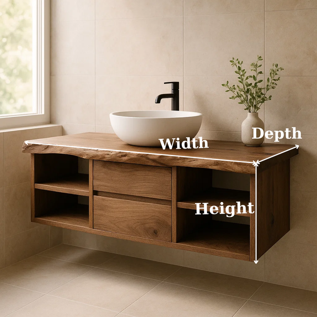 Handcrafted Solid Wood Floating Vanity - Live Edge Console with Central Drawers & Open Shelving