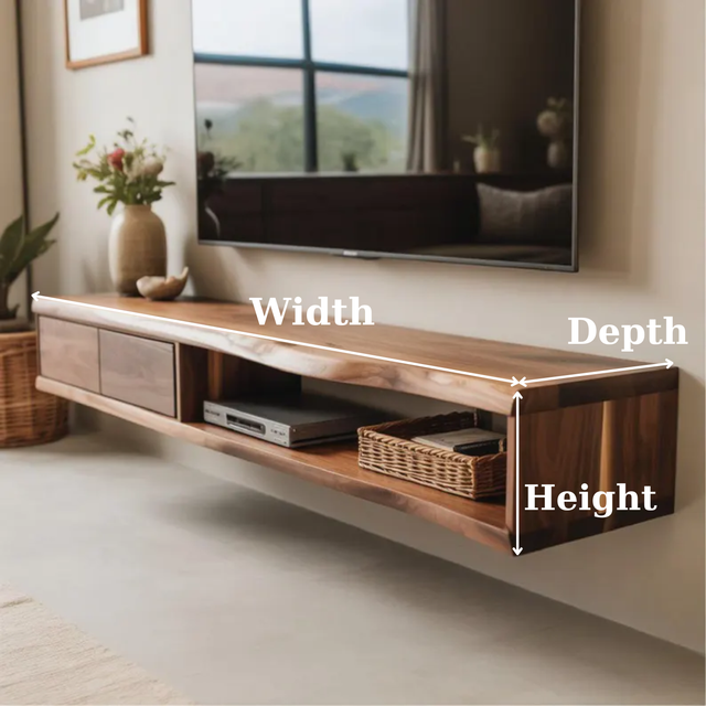 Handcrafted Solid Wood Floating TV Stand, Live Edge Media Console, Wall-Mounted