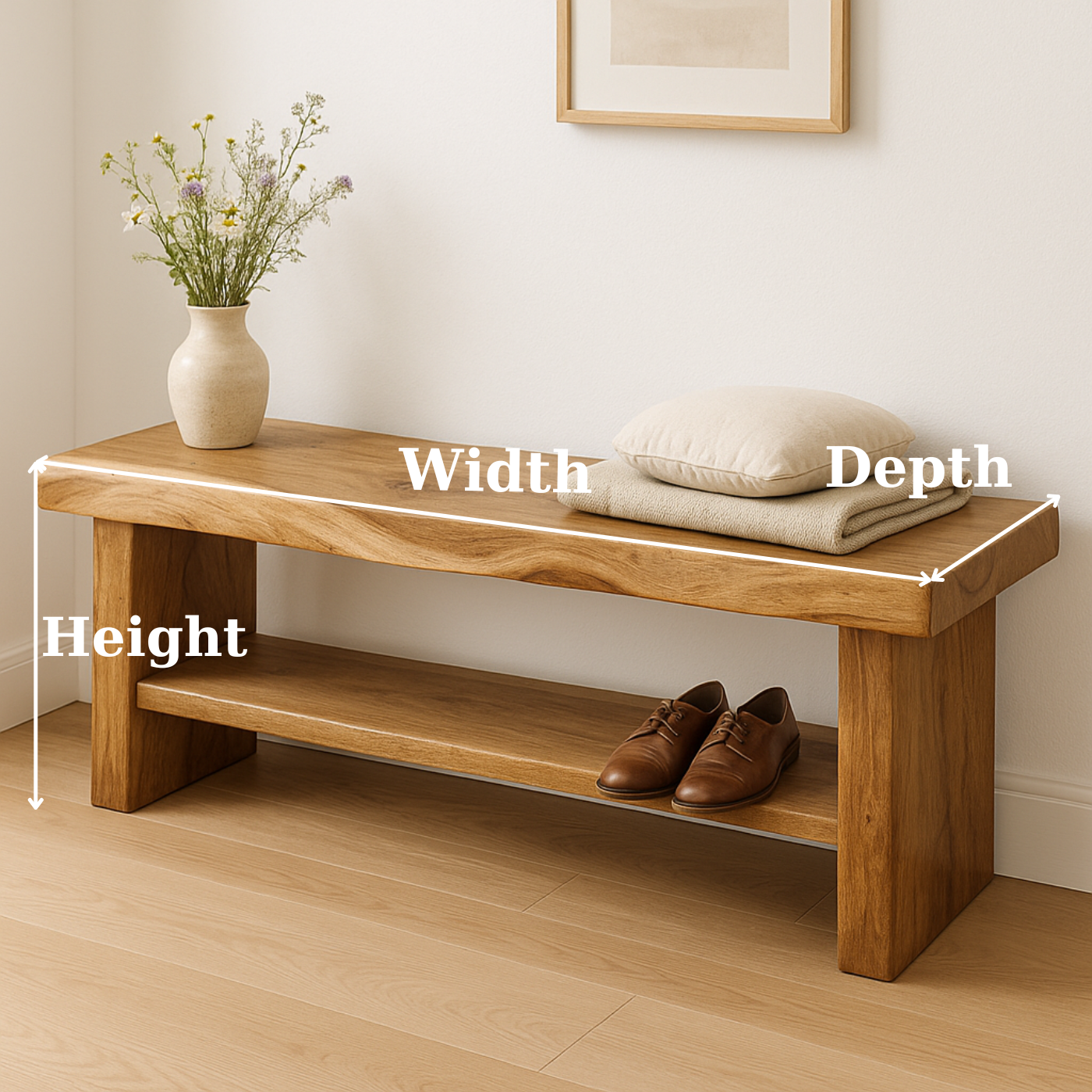 Handcrafted Solid Wood Bench – Live Edge Entryway Seating with Storage Shelf