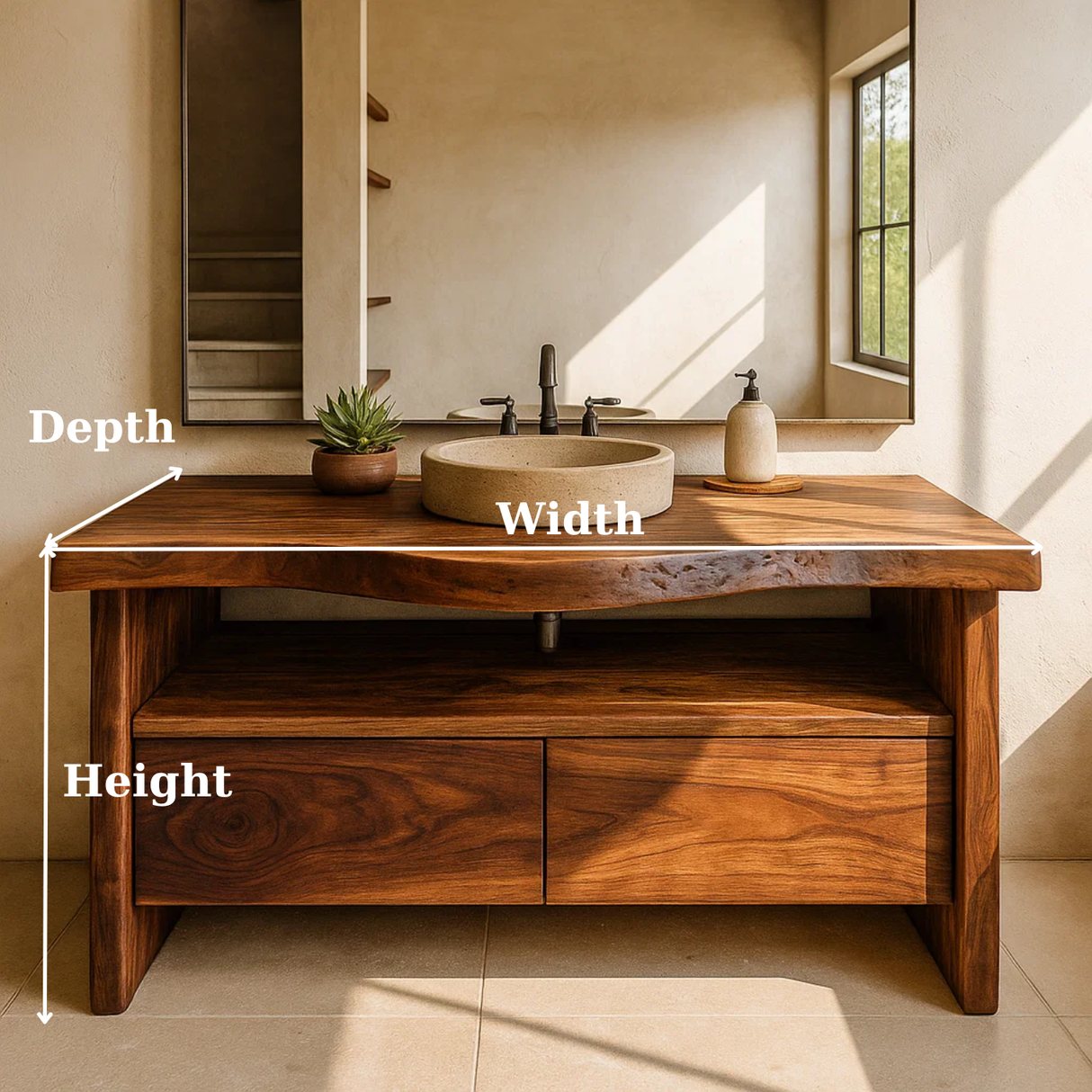 Handcrafted Solid Wood Bathroom Vanity with Live-Edge Walnut Top and Modern Storage Drawers