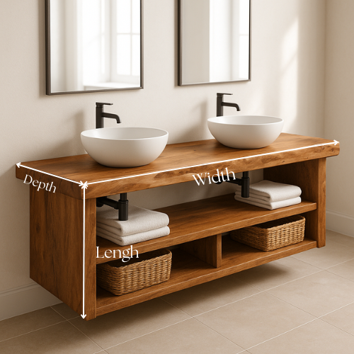 Floating Double Sink Bathroom Vanity – Solid Wood Live Edge Countertop with Open Shelves – Rustic Modern Wall-Mounted Vanity Design
