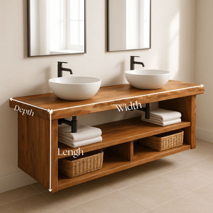 Floating Double Sink Bathroom Vanity – Solid Wood Live Edge Countertop with Open Shelves – Rustic Modern Wall-Mounted Vanity Design