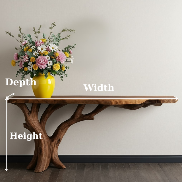 Handcrafted Solid Wood Console Table with Organic Branch Base and Live Edge Top